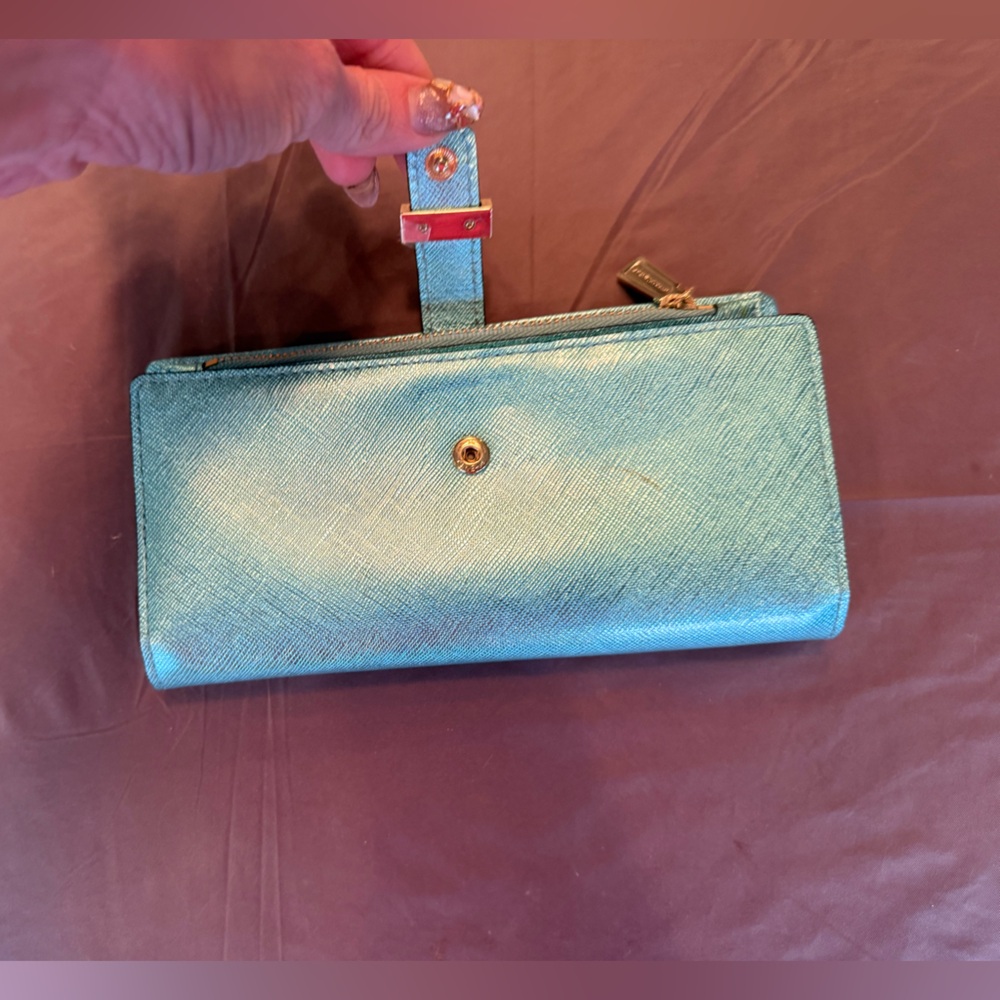 NWOT Rebecca Minkoff Metallic Teal Saffiano Leather slim wallet MSRP $195 - Picture 9 of 10